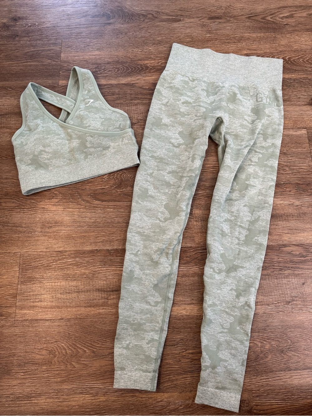 Gymshark Adapt sage green camo sports bra and leggings set